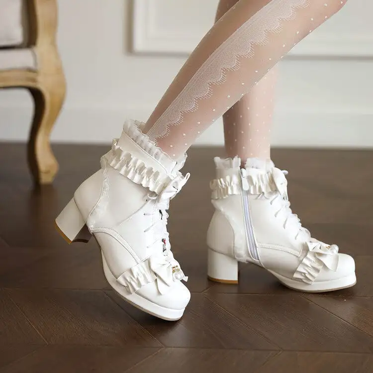 Women's Lace Bow Tie Pearls Block Chunky Heel Ankle Boots