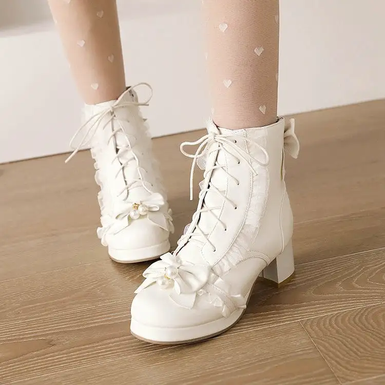 Women's Lace Bow Tie Pearls Block Chunky Heel Ankle Boots