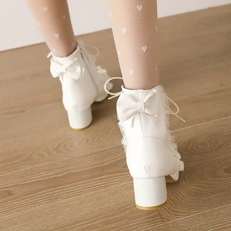 Women's Lace Bow Tie Pearls Block Chunky Heel Ankle Boots