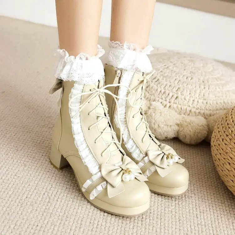 Women's Lace Bow Tie Pearls Block Chunky Heel Ankle Boots