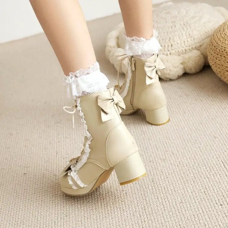 Women's Lace Bow Tie Pearls Block Chunky Heel Ankle Boots