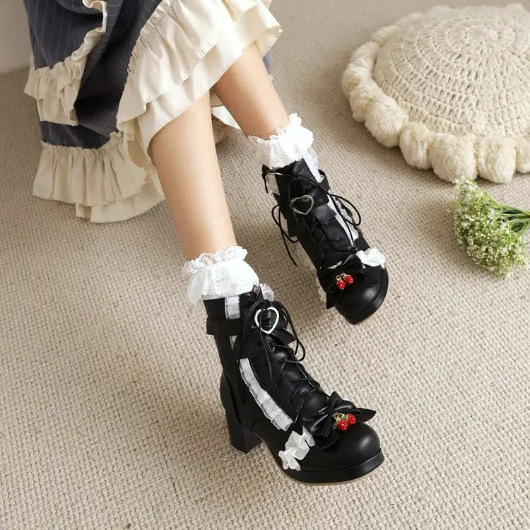 Women's Lace Bow Tie Tied Straps Block Chunky Heel Ankle Boots