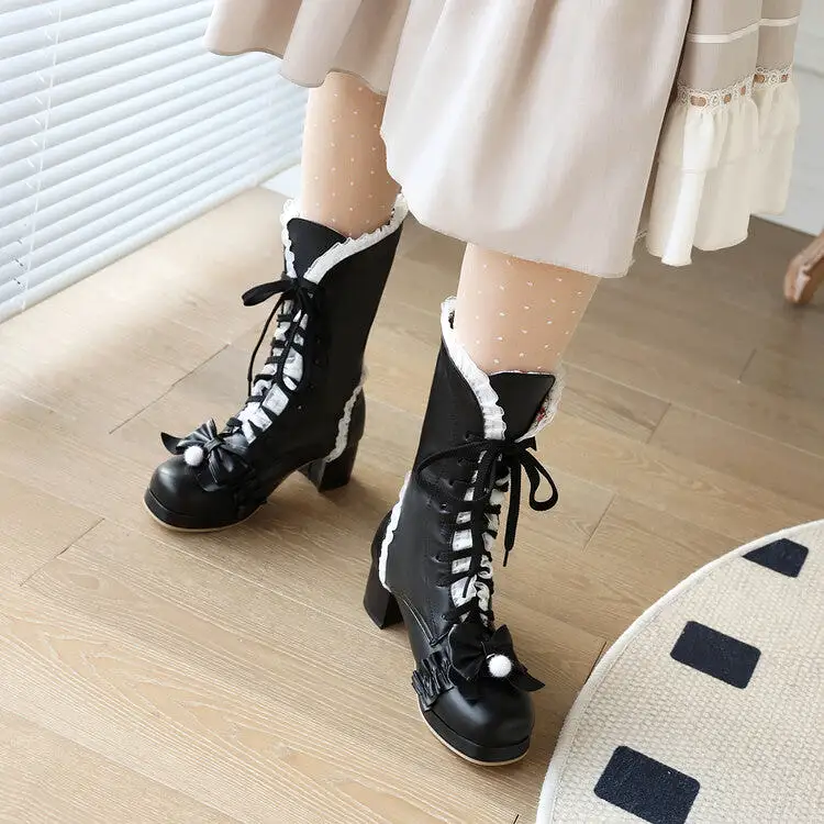 Women's Lace Bow Tie Tied Straps Block Chunky Heel Knee-High Boots