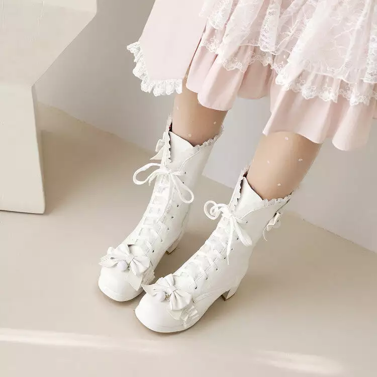 Women's Lace Bow Tie Tied Straps Block Chunky Heel Knee-High Boots