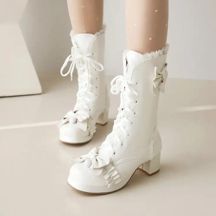 Women's Lace Bow Tie Tied Straps Block Chunky Heel Knee-High Boots