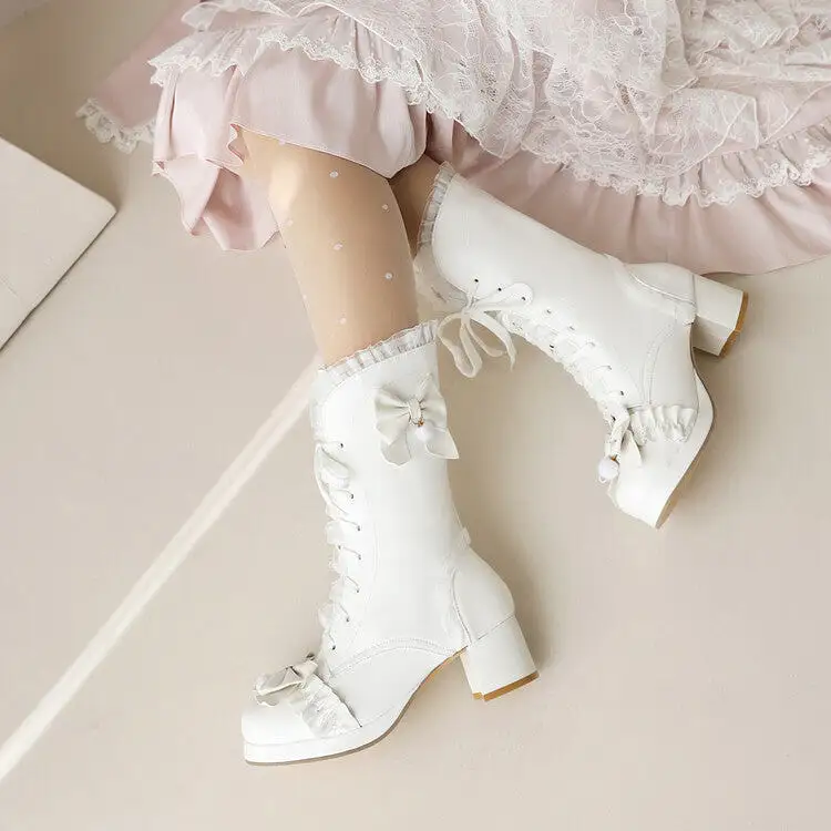 Women's Lace Bow Tie Tied Straps Block Chunky Heel Knee-High Boots