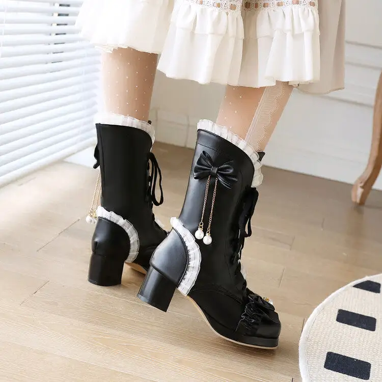 Women's Lace Tied Straps Bow Tie Block Chunky Heel Mid-Calf Boots