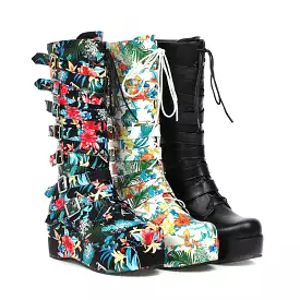 Women's Matte Pu Leather Round Toe Buckle Straps Wedge Heel Platform Mid-calf Boots