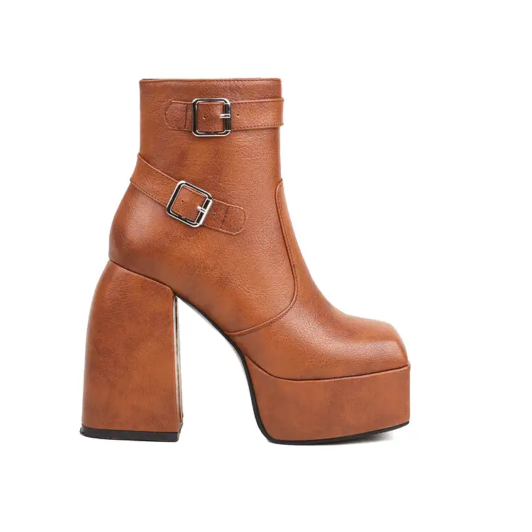 Women's Open Toe Buckle Straps Block Chunky Heel Platform Ankle Boots