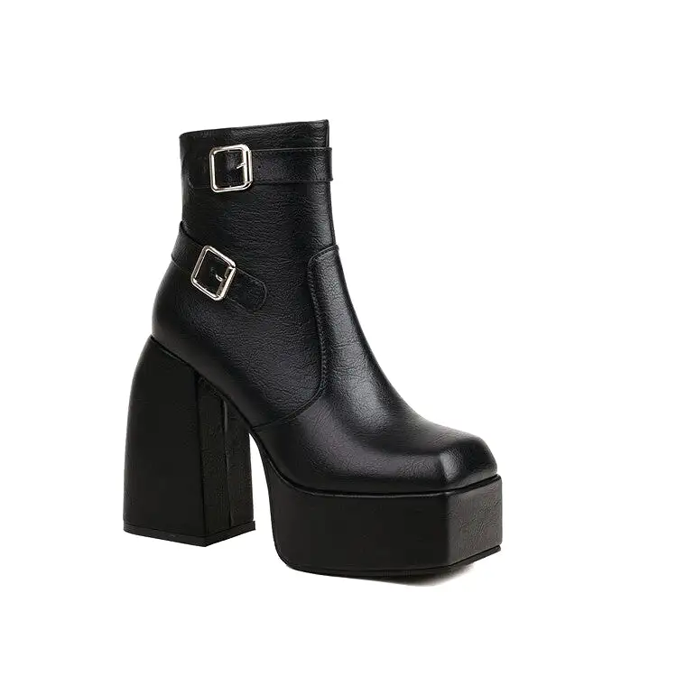 Women's Open Toe Buckle Straps Block Chunky Heel Platform Ankle Boots