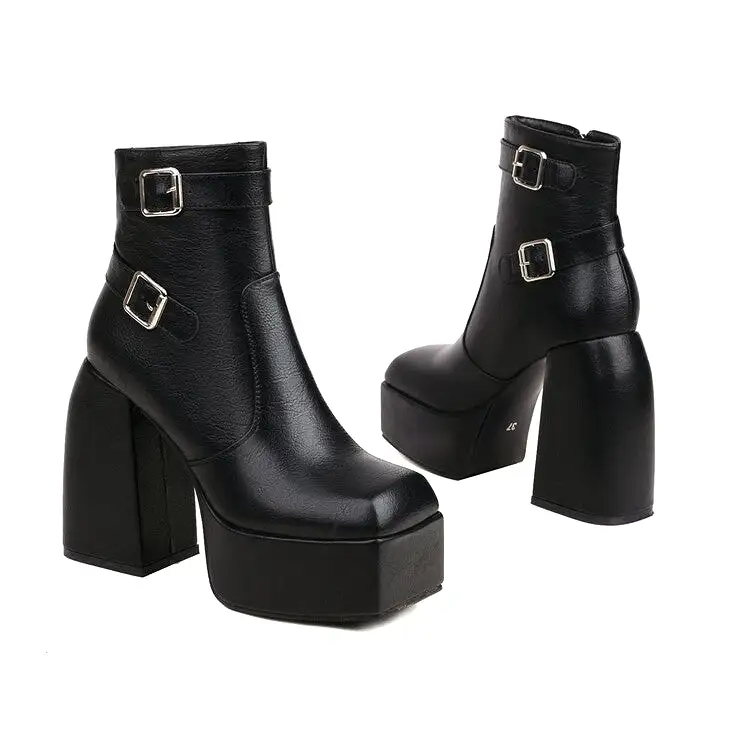 Women's Open Toe Buckle Straps Block Chunky Heel Platform Ankle Boots