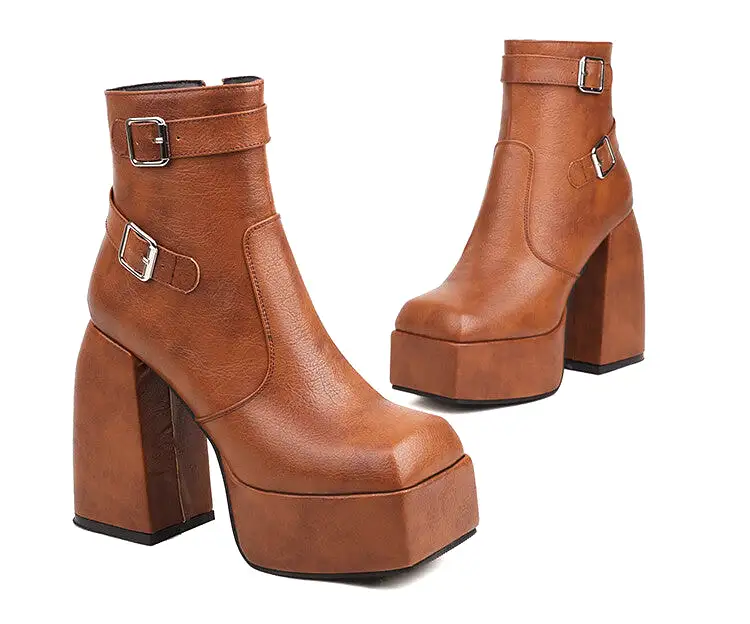 Women's Open Toe Buckle Straps Block Chunky Heel Platform Ankle Boots