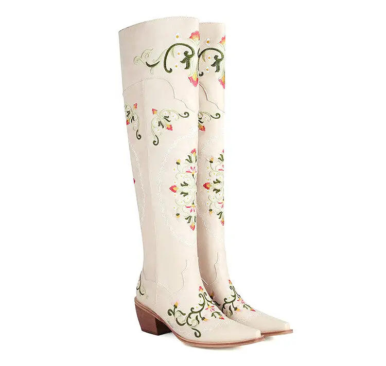 Women's Oriental Embroidery Pointed Toe Beveled Heel Over-The-Knee Boots