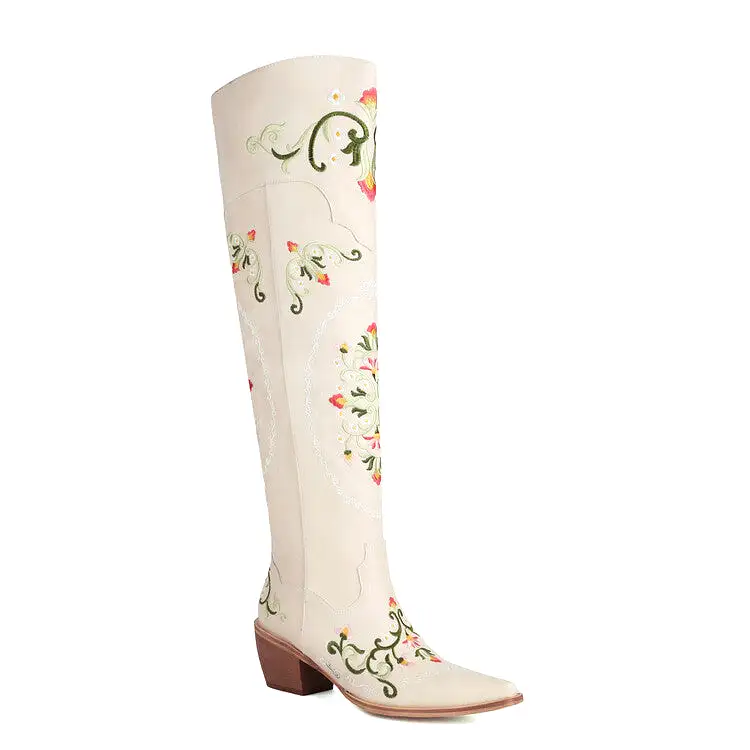 Women's Oriental Embroidery Pointed Toe Beveled Heel Over-The-Knee Boots