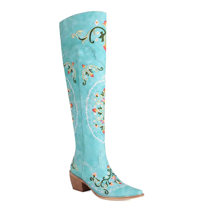 Women's Oriental Embroidery Pointed Toe Beveled Heel Over-The-Knee Boots