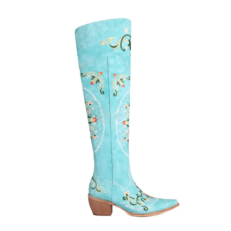 Women's Oriental Embroidery Pointed Toe Beveled Heel Over-The-Knee Boots