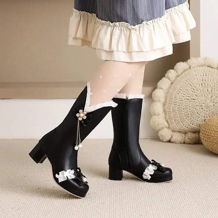 Women's Pearls Lace Bow Tie Block Chunky Heel Platform Knee-High Boots