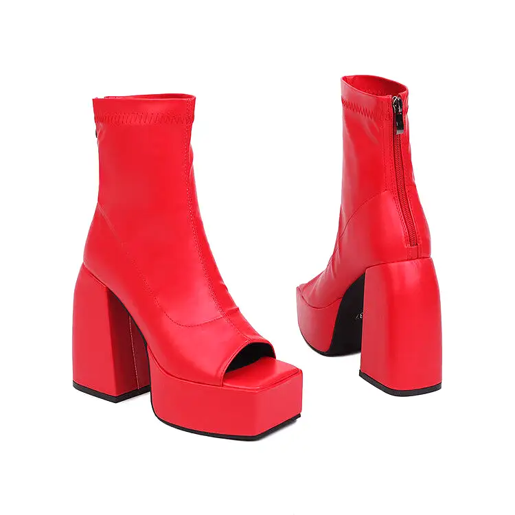 Women's Peep Toe Back Zippers Block Chunky Heel Platform Ankle Boots