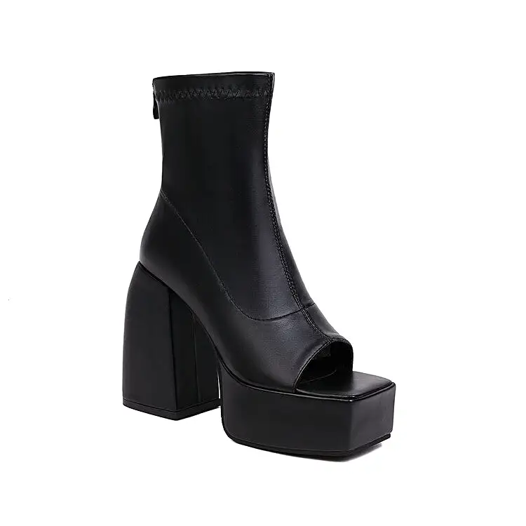 Women's Peep Toe Back Zippers Block Chunky Heel Platform Ankle Boots