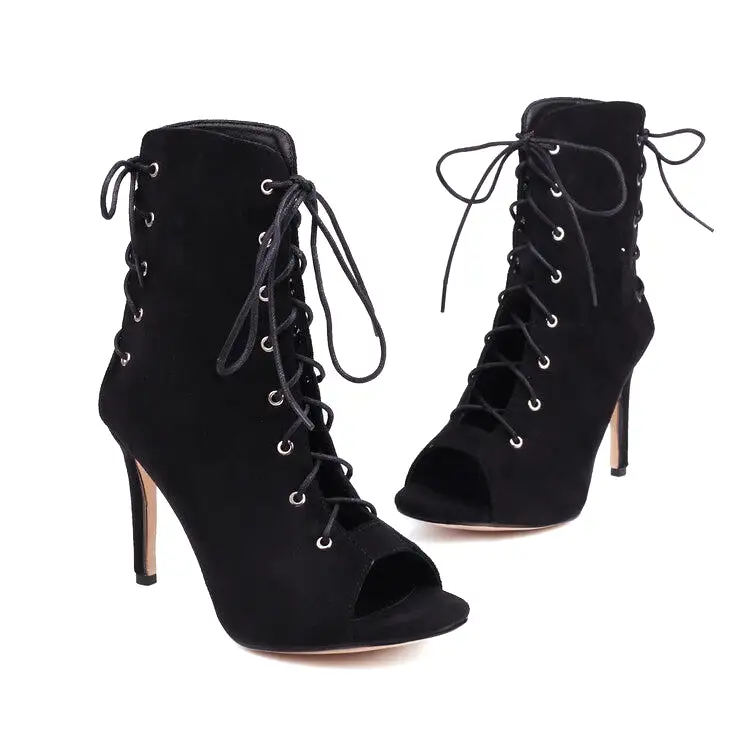 Women's Peep Toe Crossed Tied Lace-Up Stiletto Heel Ankle Boots