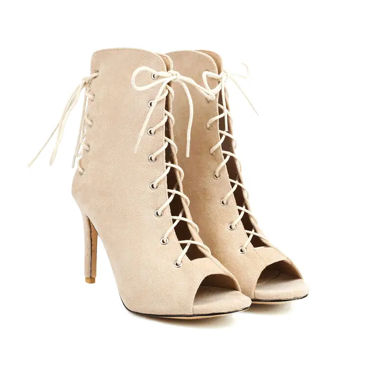 Women's Peep Toe Crossed Tied Lace-Up Stiletto Heel Ankle Boots