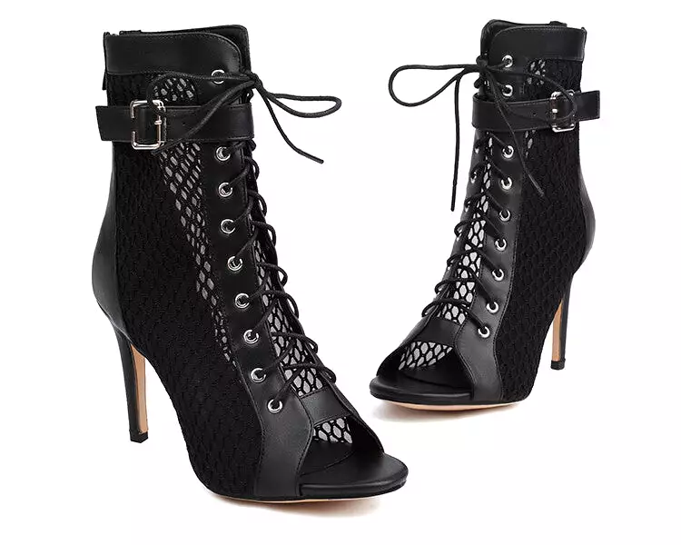 Women's Peep Toe Mesh Lace-Up Buckle Straps Stiletto Heel Ankle Boots