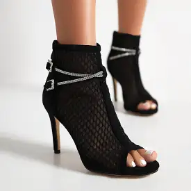 Women's Peep Toe Mesh Rhinestone Chains Stiletto Heel Ankle Boots