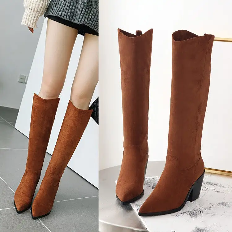 Women's Pointed Toe Beveled Heel Knee-High Boots