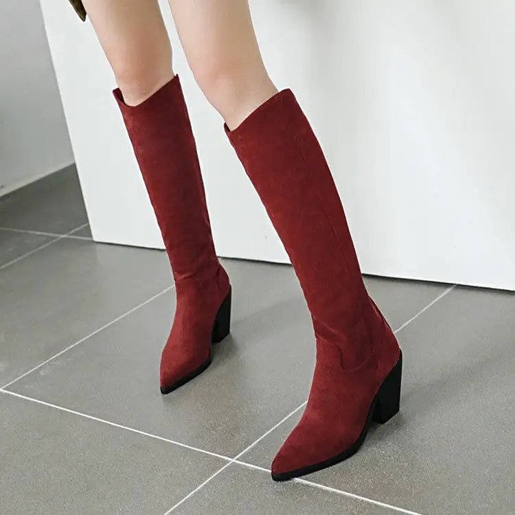 Women's Pointed Toe Beveled Heel Knee-High Boots