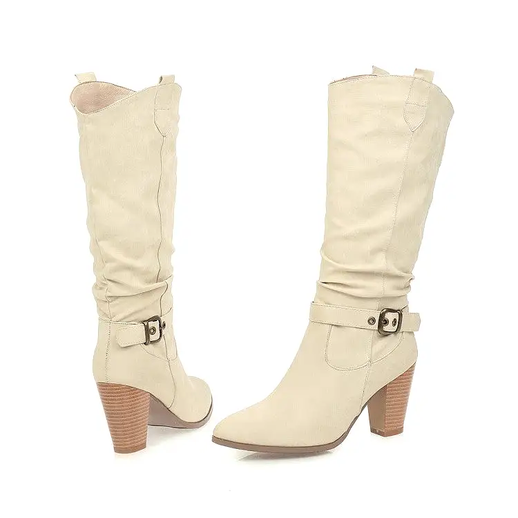 Women's Pointed Toe Block Chunky Heel Buckle Straps Mid-Calf Boots