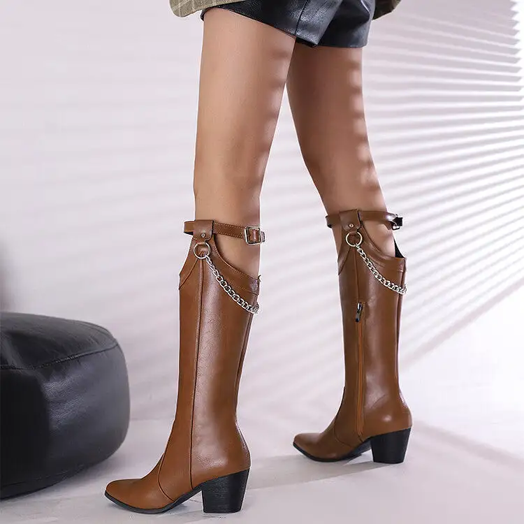 Women's Pointed Toe Buckle Straps Side Zippers Metal Chains Puppy Heel Mid-Calf Boots