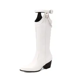 Women's Pointed Toe Buckle Straps Side Zippers Metal Chains Puppy Heel Mid-Calf Boots