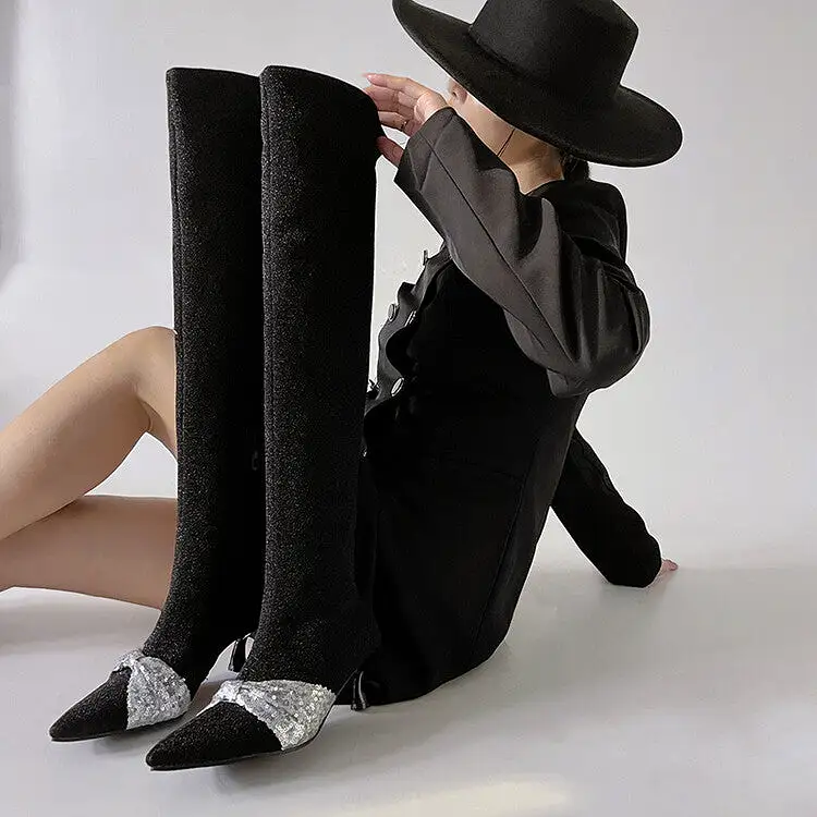 Women's Pointed Toe Glitter Bowtie Stiletto Heel Over-the-Knee Boots