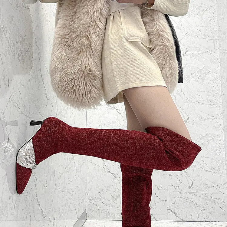 Women's Pointed Toe Glitter Bowtie Stiletto Heel Over-the-Knee Boots