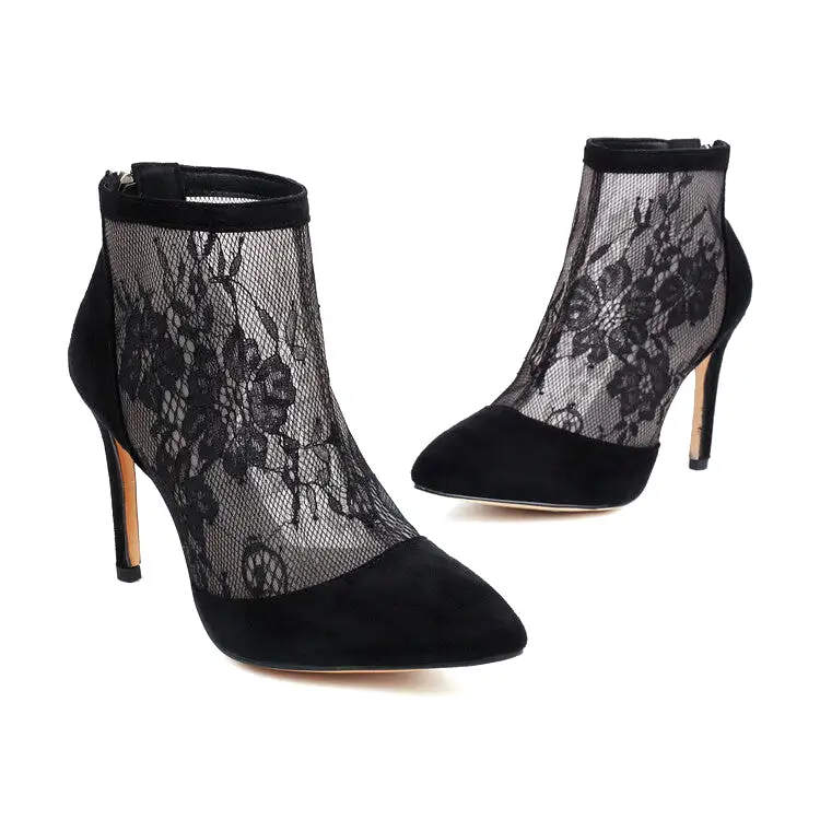 Women's Pointed Toe Lace Back Zippers Stiletto Heel Ankle Boots