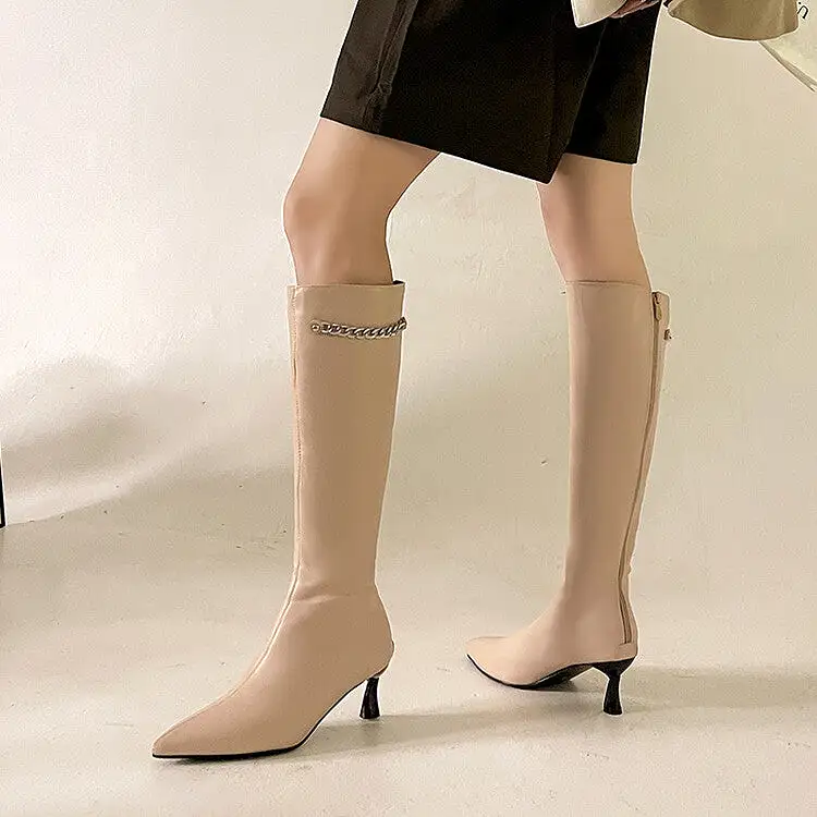 Women's Pointed Toe Metal Chains Spool Heel Knee-High Boots