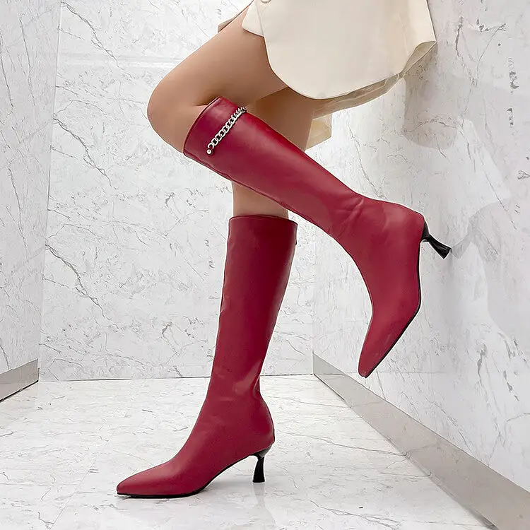 Women's Pointed Toe Metal Chains Spool Heel Knee-High Boots