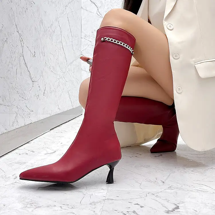 Women's Pointed Toe Metal Chains Spool Heel Knee-High Boots