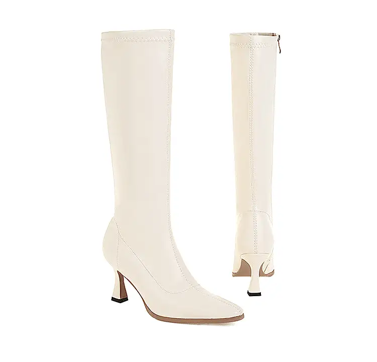 Women's Pointed Toe Side Zippers Spool Heel Knee-High Boots