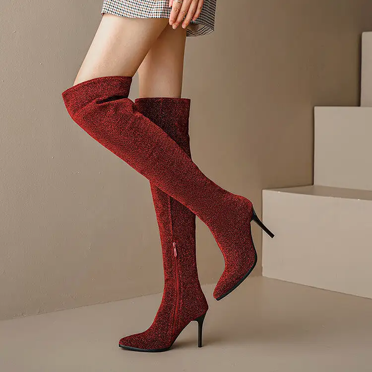 Women's Pointed Toe Side Zippers Stiletto Heel Over-the-Knee Boots