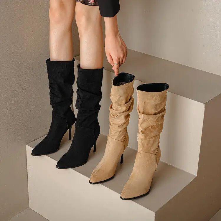 Women's Pointed Toe Slouch Stiletto Heel Knee-High Boots