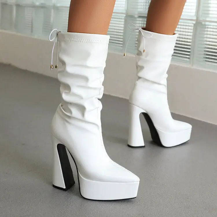 Women's Pu Leather Pointed Toe Back Tied Straps Spool Heel Platform Mid-calf Boots