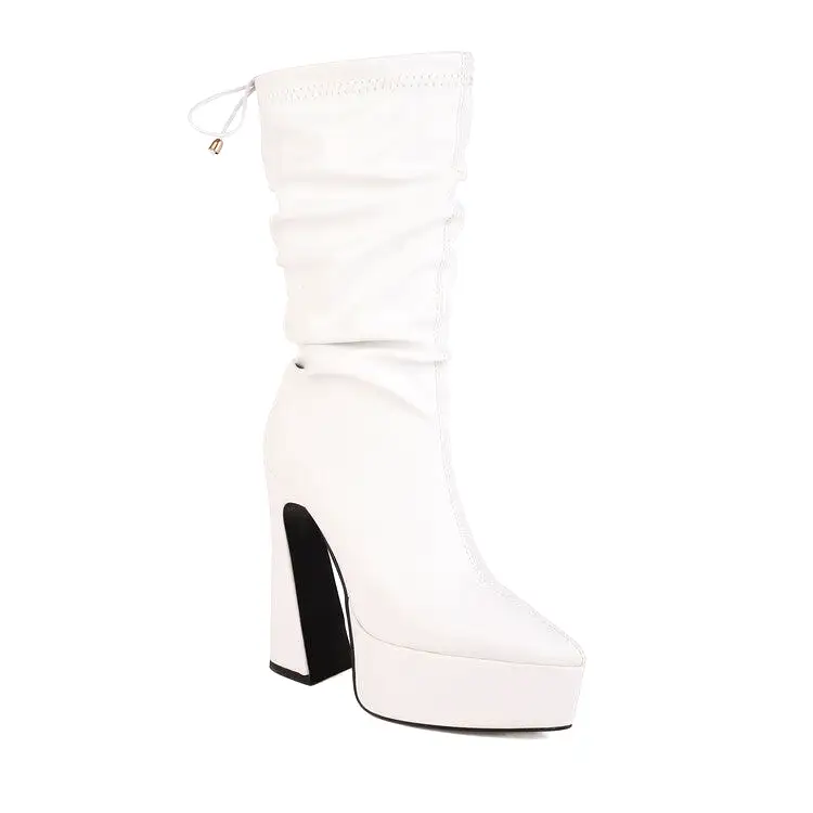 Women's Pu Leather Pointed Toe Back Tied Straps Spool Heel Platform Mid-calf Boots