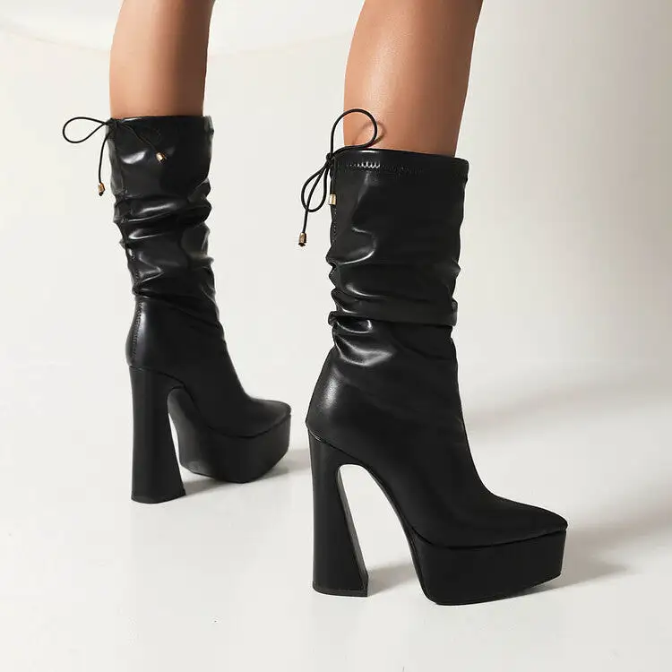 Women's Pu Leather Pointed Toe Back Tied Straps Spool Heel Platform Mid-calf Boots