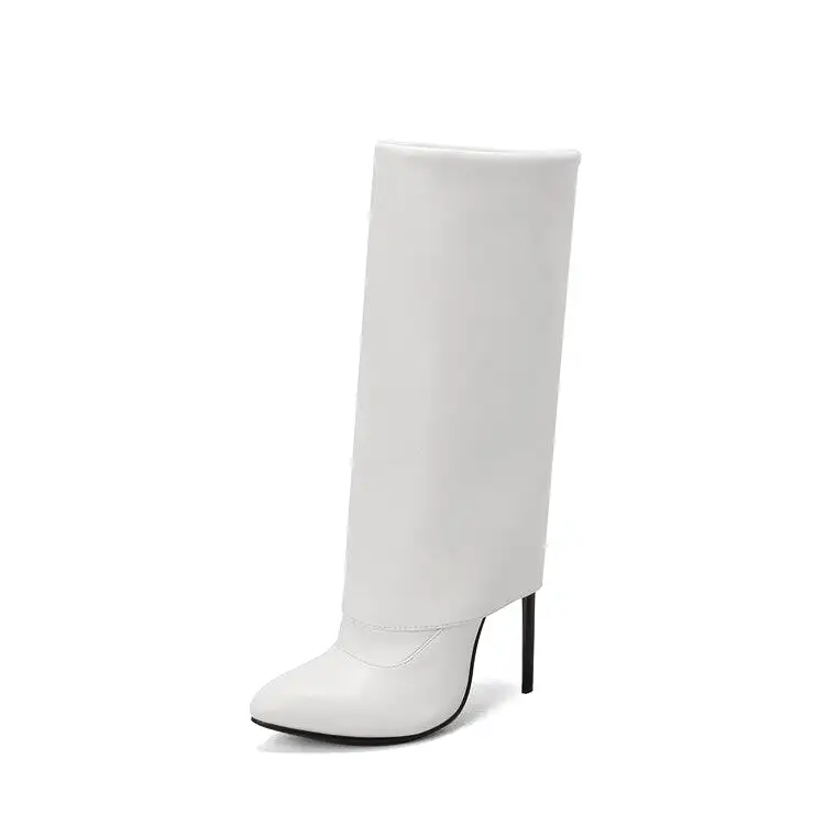 Women's Pu Leather Pointed Toe Side Zippers Fold Stiletto Heel Mid-Calf Boots