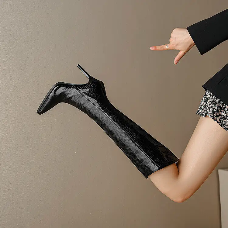 Women's Pu Leather Pointed Toe Side Zippers Stiletto Heel Knee-High Boots