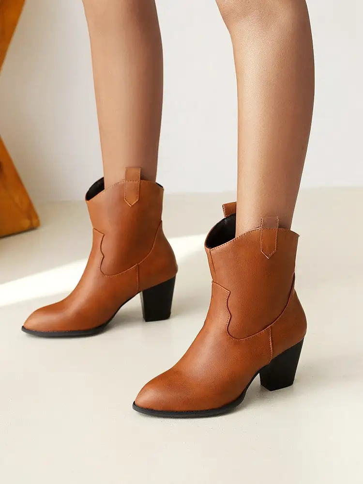 Women's Pu Leather Pointed Toe Stitch Block Chunky Heel Ankle Boots