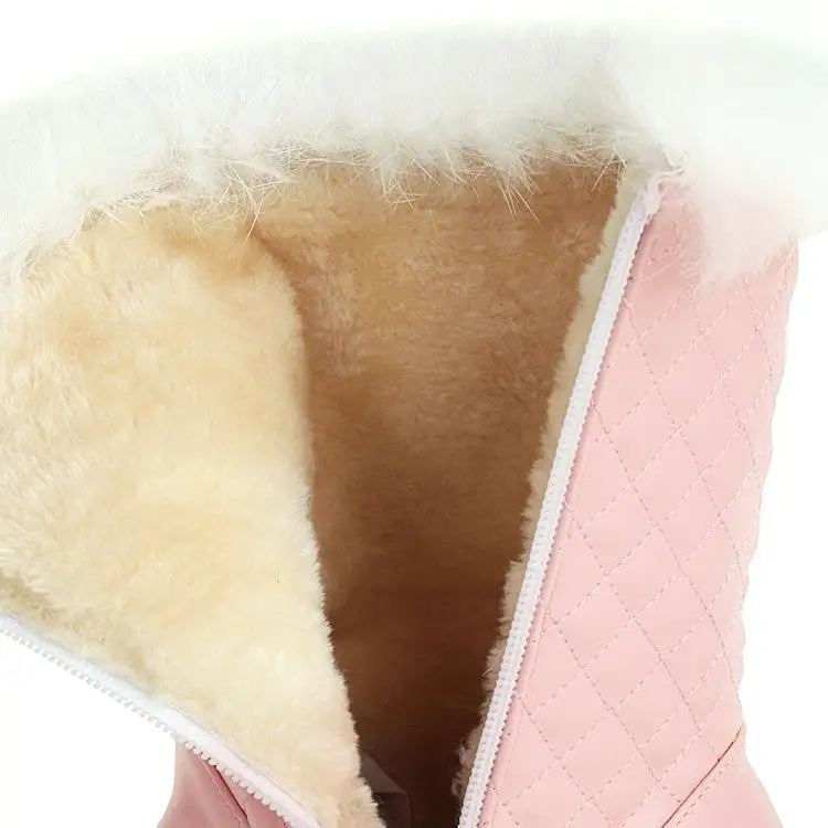 Women's Pu Leather Round Toe Bow Tie Pearls Furry Platform Wedge Heel Mid-Calf Snow Boots