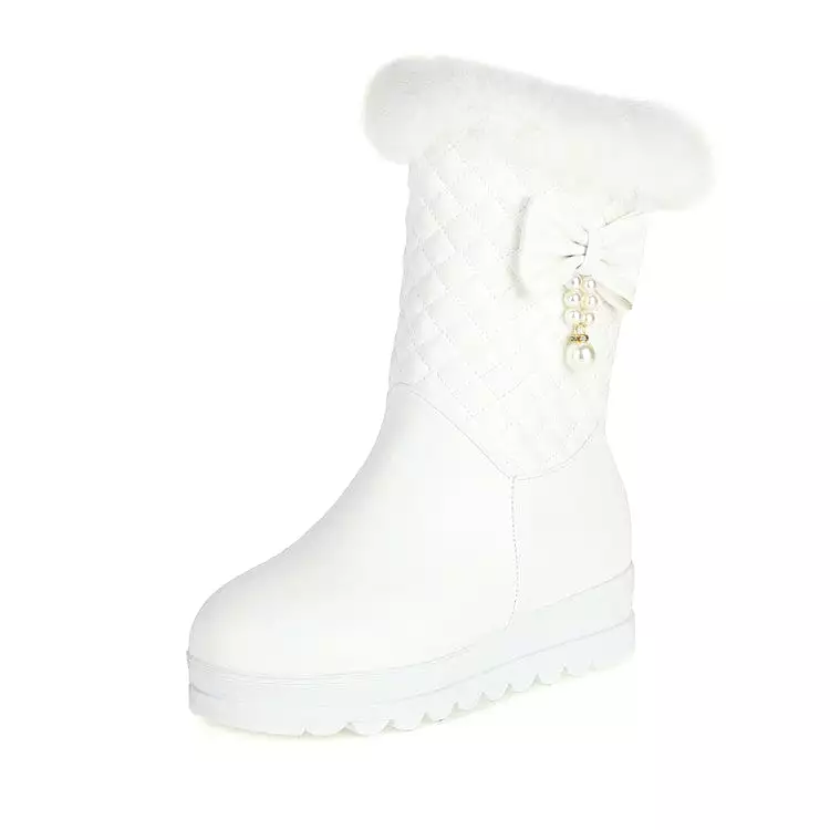 Women's Pu Leather Round Toe Bow Tie Pearls Furry Platform Wedge Heel Mid-Calf Snow Boots