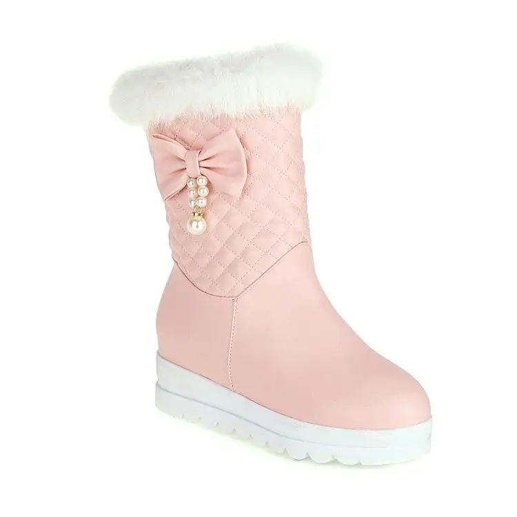 Women's Pu Leather Round Toe Bow Tie Pearls Furry Platform Wedge Heel Mid-Calf Snow Boots